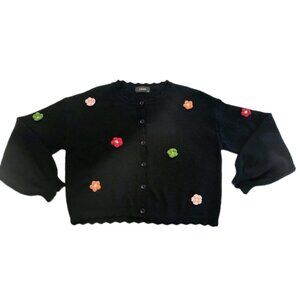 CIDER Knit Pullover Women OXL Button Cozy Preppy Fall Black Floral Croche